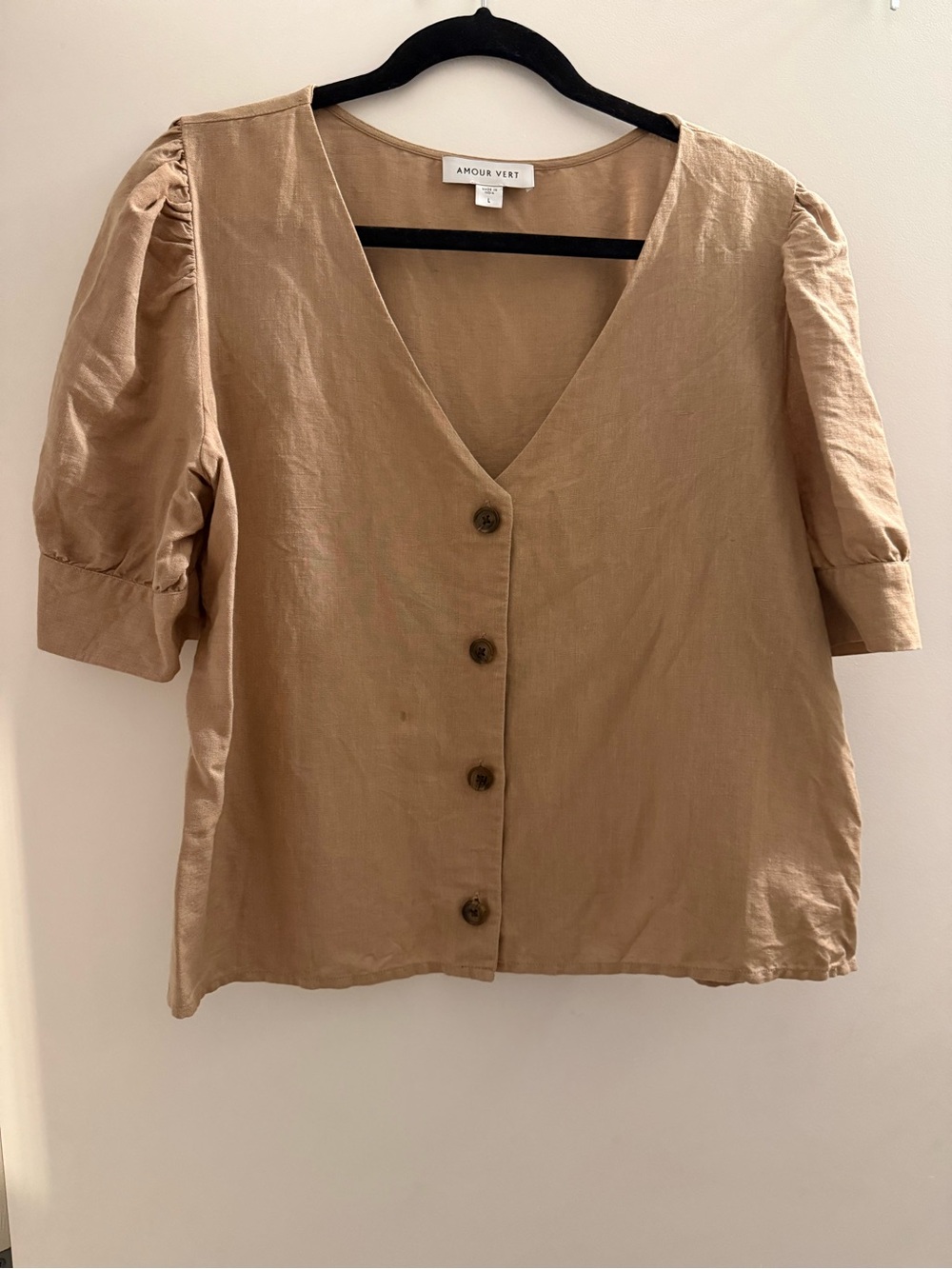 Amour Vert Tan Button-Front V-Neck Puff Sleeve Top